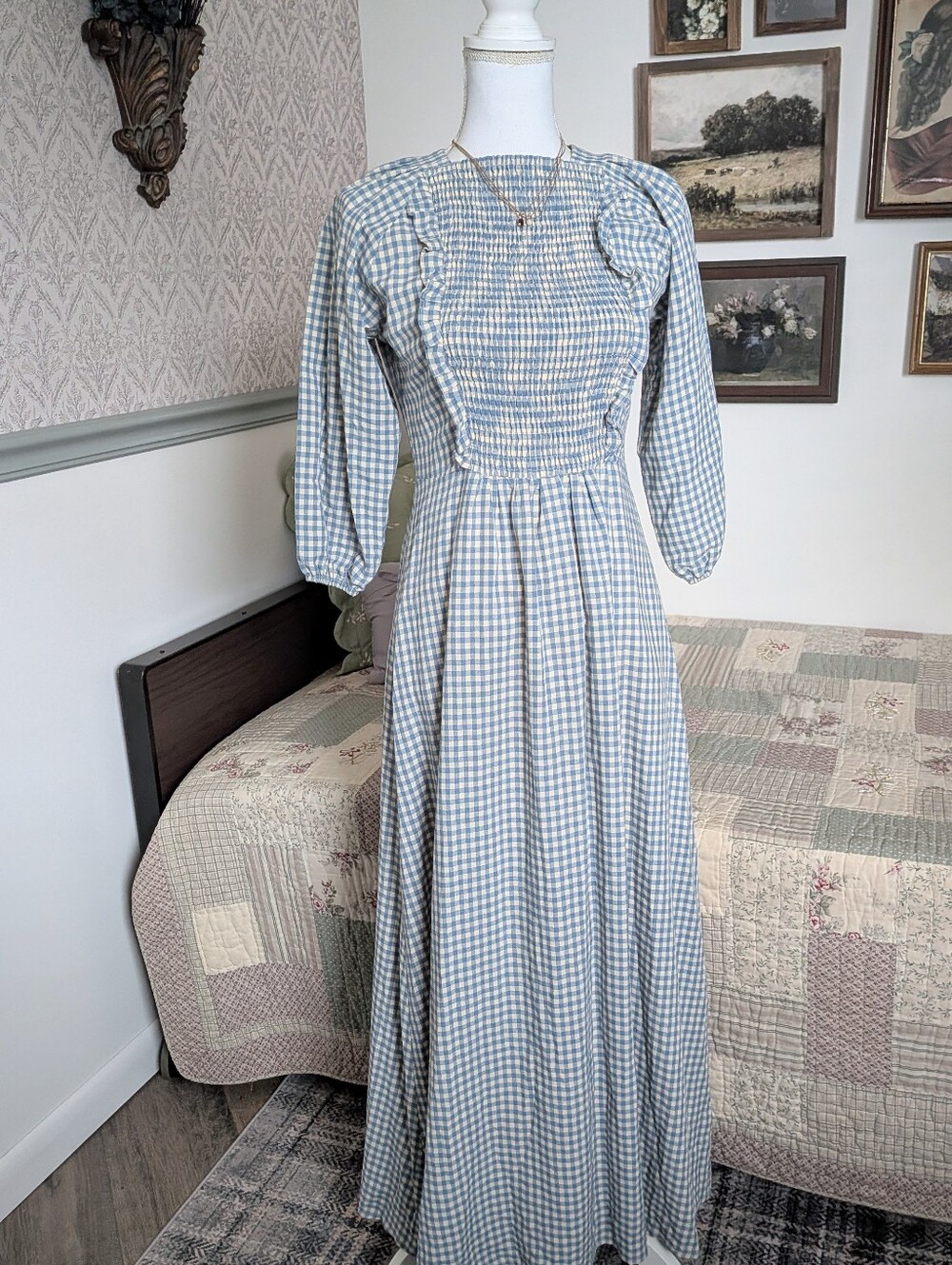 Concept Blue Gingham Prairie Maxi Dress Cottagecore Smocked XS NWT